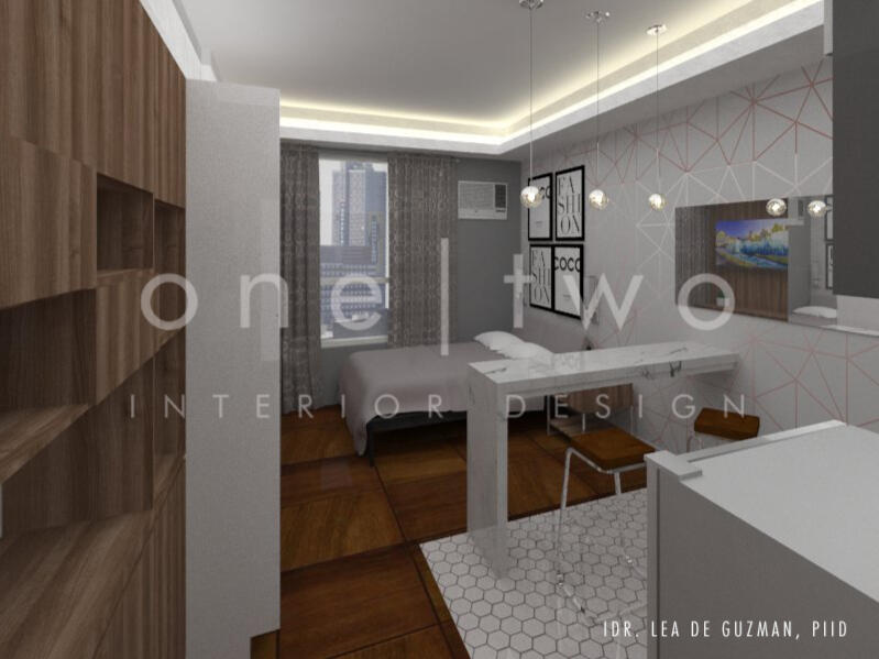 Perpective of a tiny condo with patterned wallpaper in gold and white.