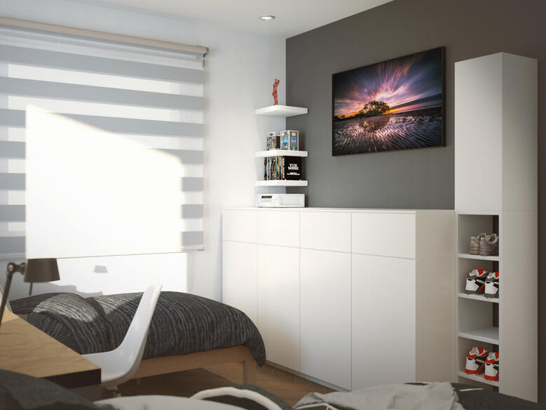 Shelving units across the room display the occupants' comic book figures and collection.